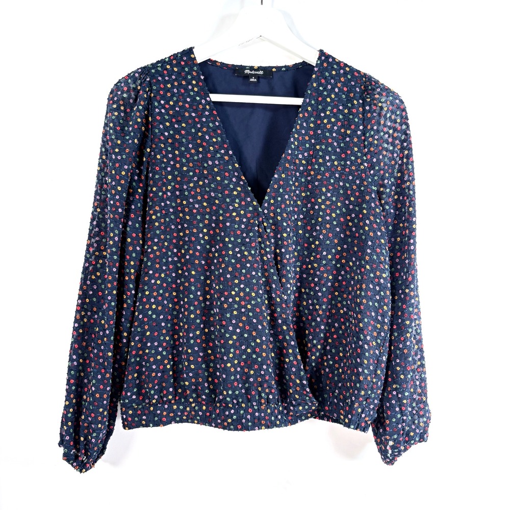 Madewell Wrap Top Navy Multicolor Clip Swiss Dot Surplice Blouse Small
